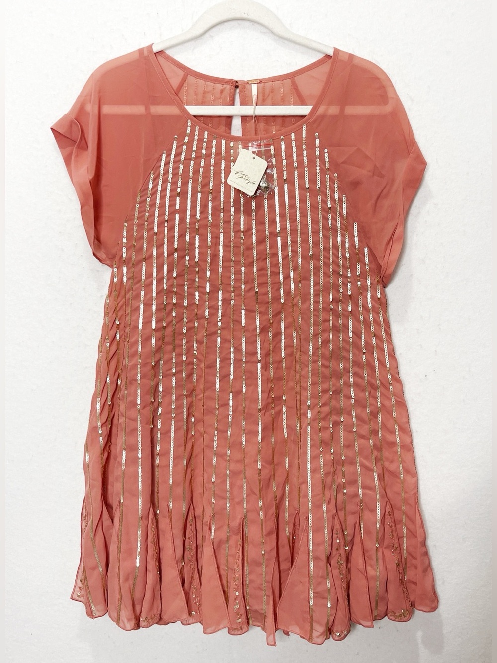 Free People Mint Julep Sequin Coral Flowy Mini Dress Large Chiffon Flapper Boho - Picture 4 of 14